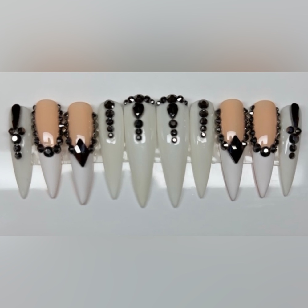 Off white French with rhinestones press on nails